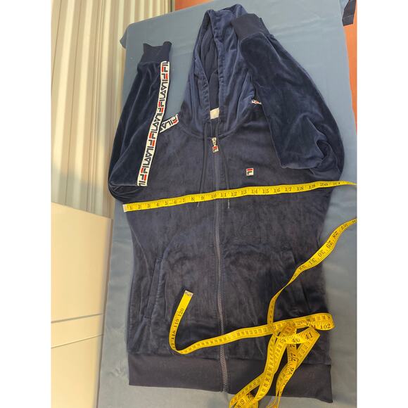 Fila Navy Blue Velour Full Zip Hoodie with pockets and Logo Ribbon on Sleeves M - Picture 8 of 9
